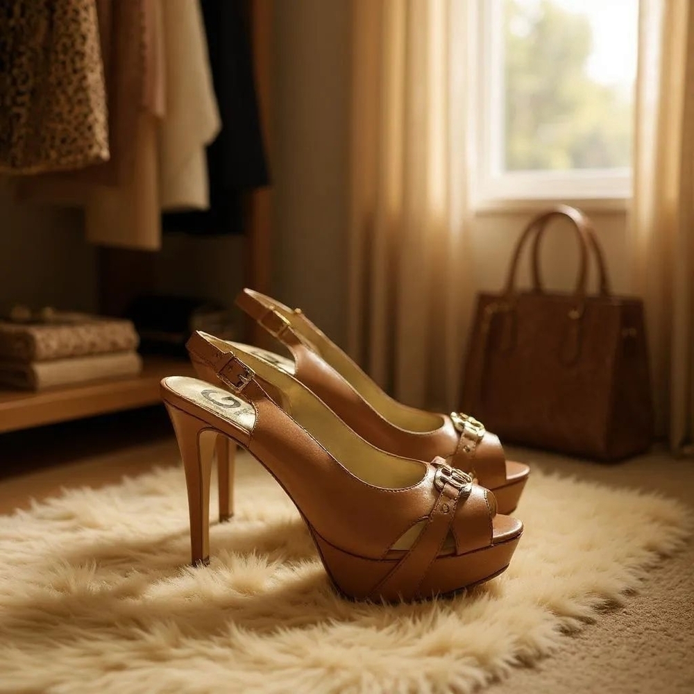 G By Guess Women Classic PEEP Toe Heels Pumps Platform Sz 10 M Camel Light Brown